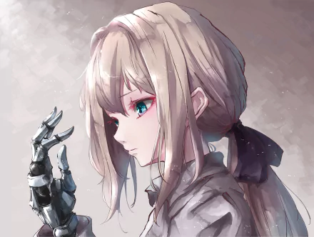 HD desktop wallpaper of Violet Evergarden, an anime character with light blonde hair, blue eyes, and a metallic prosthetic arm, against a soft gray background.