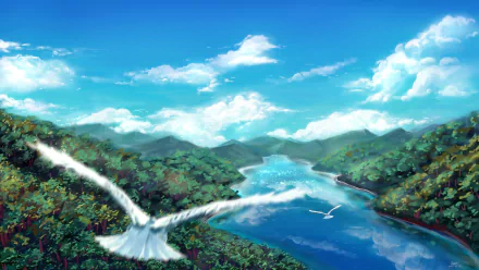 Vibrant anime landscape featuring lush green hills, a winding river, and a bright blue sky with fluffy clouds, designed as an HD PC desktop wallpaper.