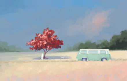 Anime-style original HD PC desktop wallpaper featuring a serene landscape with a red tree, a blue vintage van, and a soft pastel sky.