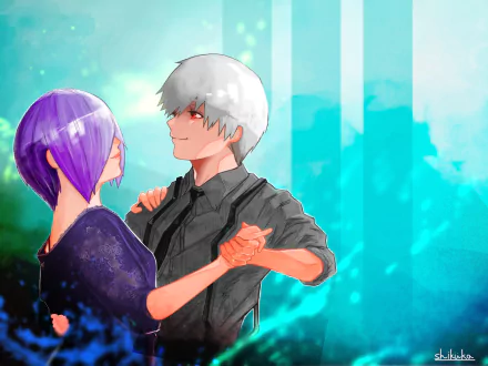 HD anime desktop wallpaper featuring Touka Kirishima and Ken Kaneki from Tokyo Ghoul dancing together against a bright, blurred blue-green background.