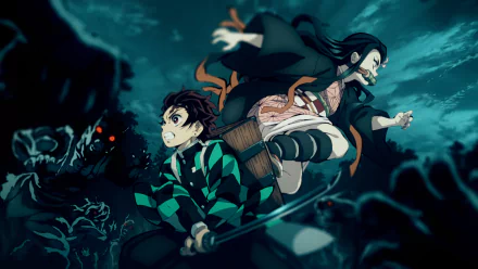 HD desktop wallpaper featuring Tanjiro and Nezuko Kamado from the anime Demon Slayer: Kimetsu no Yaiba, in a dynamic action scene with eerie, dark surroundings and glowing eyes in the background.