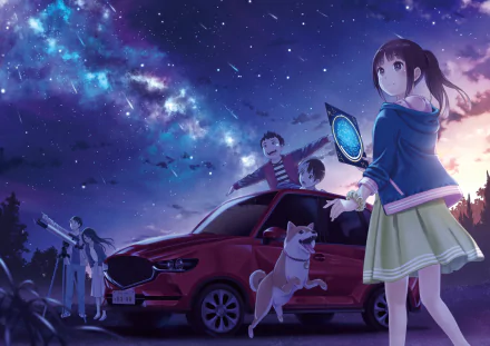 Anime scene featuring characters with brown and long hair, a telescope, a red car, a dog, and a starry night sky. A girl with a ponytail and brown eyes holds a device, while others gather around the car.