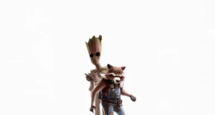 Groot and Rocket Raccoon from the movie Guardians of the Galaxy stand together on a white backdrop — 2K Quad HD PC desktop wallpaper and background