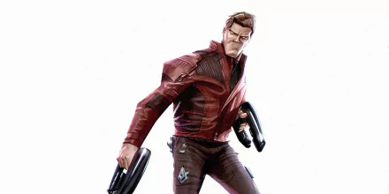 HD PC desktop wallpaper featuring Star Lord from the Guardians of the Galaxy movie, holding dual blasters with a confident stance on a white background.