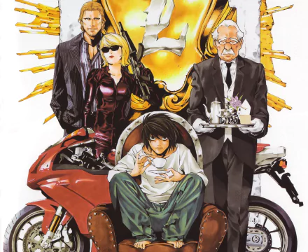 HD anime desktop wallpaper featuring Watari, Aiber, Halle Lidner, and L from Death Note, showcasing a dynamic group scene with a motorcycle and striking poses.