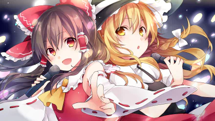 Vibrant 4K Ultra HD anime wallpaper featuring Marisa Kirisame and Reimu Hakurei from Touhou, showcasing dynamic poses and detailed character designs.