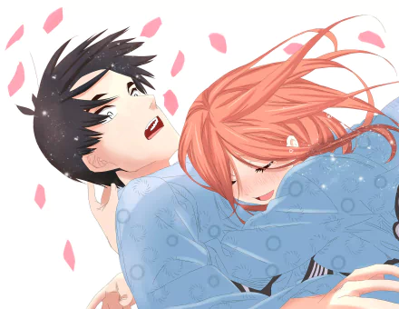 HD PC desktop wallpaper featuring Miku Nakano from the anime The Quintessential Quintuplets, with soft pink petals floating around the characters in an intimate embrace.