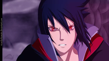 HD PC desktop wallpaper featuring Sasuke Uchiha from Naruto, showcasing his intense Sharingan eyes in a dramatic anime style.
