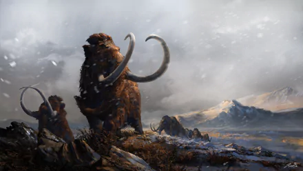 HD PC desktop wallpaper featuring a majestic mammoth in a snowy, mountainous landscape, capturing the raw beauty of nature and prehistoric wildlife.