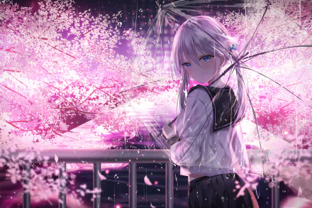 Anime girl with twintails and grey hair, holding an umbrella beneath cherry blossoms in the rain, tears in her blue eyes. HD desktop wallpaper and background.