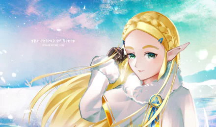 Princess Zelda from The Legend of Zelda: Breath of the Wild (video game) — braided blonde hair, green eyes, serene portrait against a bright sky. HD PC desktop wallpaper/background.