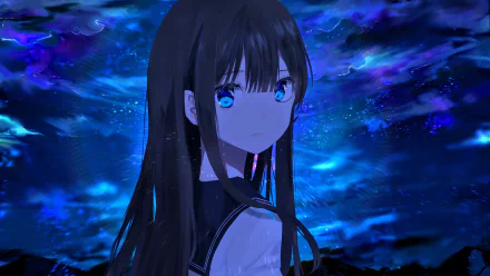 HD anime-style original artwork featuring a girl with long dark hair and blue eyes against a vibrant, swirling blue background, designed as a PC desktop wallpaper.