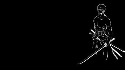 Black and white 4K Ultra HD anime wallpaper featuring Roronoa Zoro from One Piece, depicted with his swords against a minimalistic dark background.