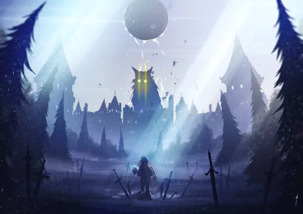 HD desktop wallpaper featuring Rem, Subaru Natsuki, and Pack from Re:Zero - Starting Life in Another World. The mystical scene shows a dark forest and an ominous castle with glowing yellow eyes.