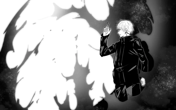 Monochrome HD anime wallpaper featuring Satoru Gojo from Jujutsu Kaisen with a striking dark background and glowing, ethereal white energy effects.