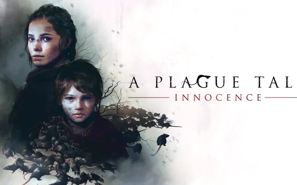 HD wallpaper featuring Amicia and Hugo de Rune from A Plague Tale: Innocence with a solemn, artistic backdrop.