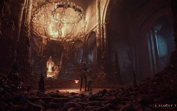 HD wallpaper from A Plague Tale: Innocence showcasing characters in a dim, rat-infested chamber with an illuminated chandelier.