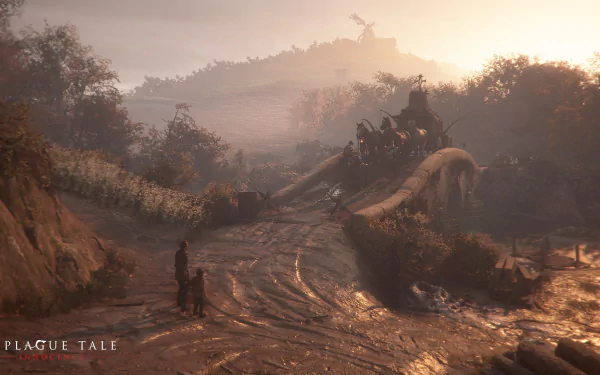 HD desktop wallpaper from A Plague Tale: Innocence showing characters amidst a somber, medieval landscape.