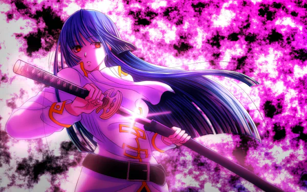 HD anime desktop wallpaper featuring Imai Nobume from Gintama, holding a katana with flowing dark hair against a vibrant pink and black floral background.