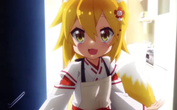 4K Ultra HD anime wallpaper featuring Senko-san from The Helpful Fox Senko-san, depicted with bright eyes, fox ears, and a cheerful expression in a detailed indoor setting.