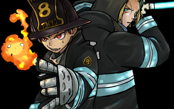 4K Ultra HD anime wallpaper featuring Shinra Kusakabe from Fire Force in dynamic firefighter gear with flames and intense expressions on a dark background.