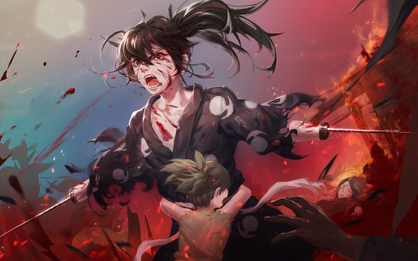 Anime Dororo Hyakkimaru Weapon Brown Hair Blood Fire Red Eyes Black Hair HD Wallpaper | Background Image