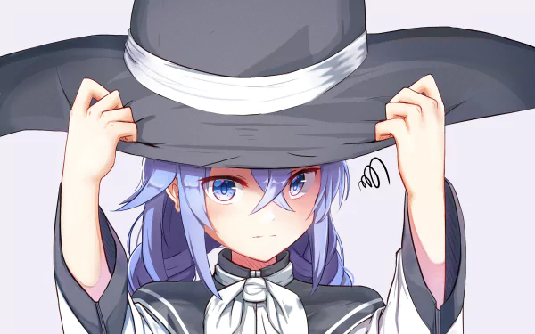HD desktop wallpaper of Roxy Migurdia from the anime Mushoku Tensei: Jobless Reincarnation, showing her adjusting a large hat, with a focused expression.