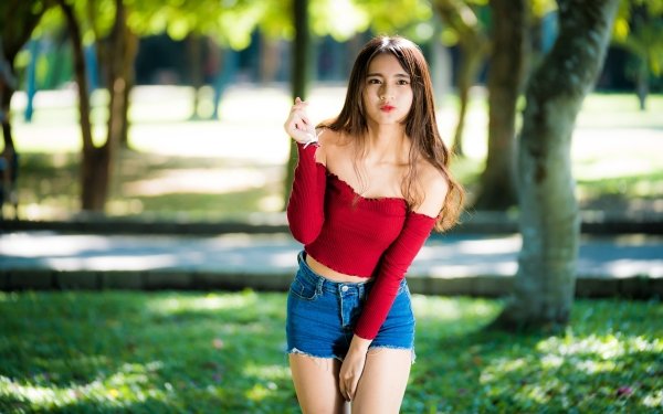 Women Asian Model Depth Of Field Shorts Lipstick Brown Eyes Brunette HD Wallpaper | Background Image