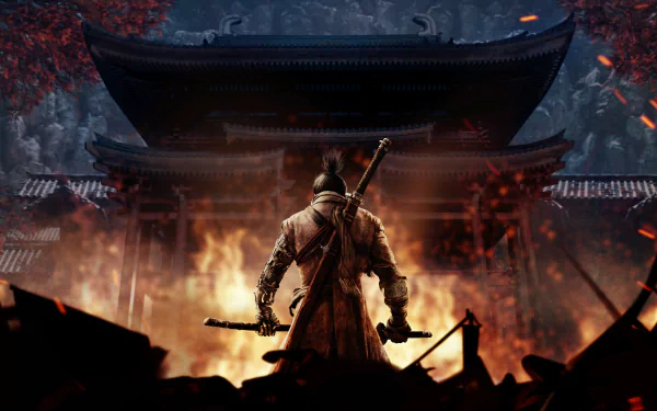 A stunning HD desktop wallpaper for Sekiro: Shadows Die Twice, depicting the game's protagonist standing with swords drawn in a fiery scene before a traditional Japanese temple.