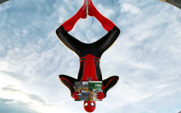 Spider-Man in his iconic suit hangs upside down, reading a newspaper, set against a cloudy sky from the movie Spider-Man: Far From Home in 4K Ultra HD desktop wallpaper.