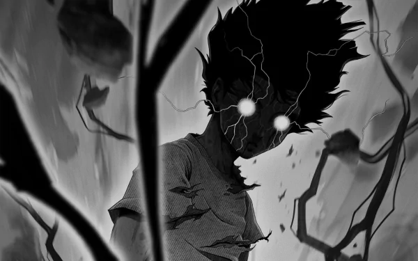 A high-definition desktop wallpaper featuring Shigeo Kageyama from the anime Mob Psycho 100, depicted in a dark anime style with phonk-themed elements.