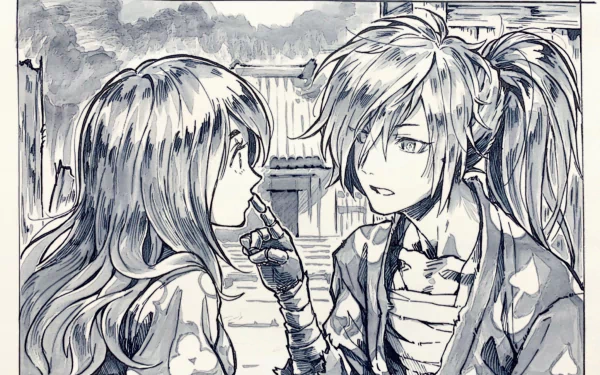 HD anime desktop wallpaper featuring Mio and Hyakkimaru from Dororo in a detailed monochrome scene.