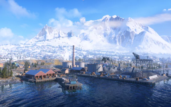Battlefield V 4K Ultra HD PC desktop wallpaper: snowy coastal WWII village with docks, industrial cranes and distant mountains beneath a bright blue sky.