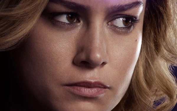 HD desktop wallpaper featuring a close-up of Brie Larson as Captain Marvel in Avengers Endgame, showcasing her focused and intense expression.