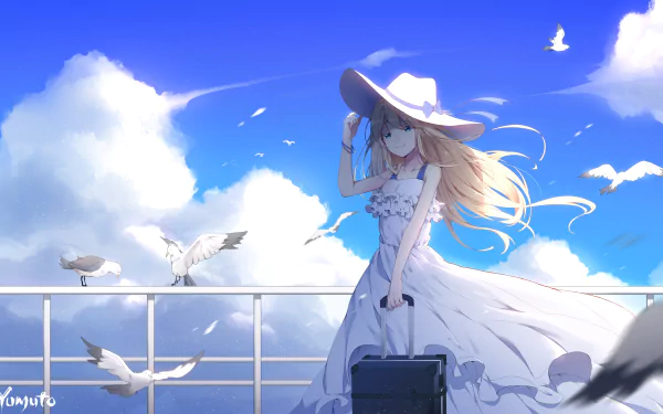Anime girl with long blonde hair and blue eyes wearing a white dress and hat stands on a railing, holding a suitcase as seagulls fly against a bright blue sky with clouds.