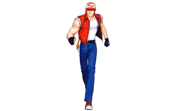Terry Bogard from the video game The King of Fighters confidently strides forward in this HD desktop wallpaper, showcasing his iconic look and dynamic presence.