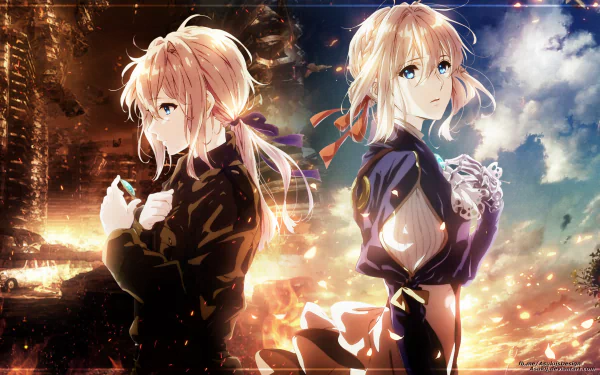 HD desktop wallpaper featuring Violet Evergarden, an anime character with blue eyes and blonde hair, depicted in two different scenes with contrasting backgrounds.