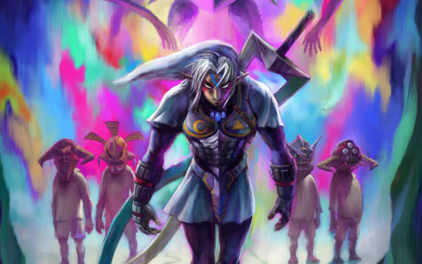 4K Ultra HD PC wallpaper from the video game The Legend of Zelda: Majora's Mask — Fierce Deity Link stands armored with a sword, masked figures behind him against a vivid, swirling multicolored backdrop.