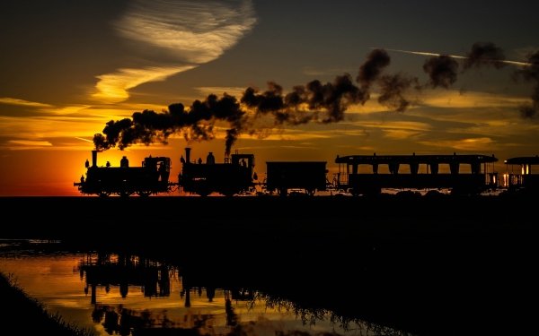 Vehicles Train Sunset Reflection Silhouette HD Wallpaper | Background Image