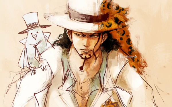HD PC desktop wallpaper featuring Rob Lucci from One Piece, depicted in a stylized anime art with his signature white hat and a small leopard companion.