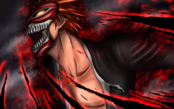 Ichigo Kurosaki from Bleach in a dynamic, intense pose with his Hollow mask, featured in a 4K Ultra HD anime desktop wallpaper.