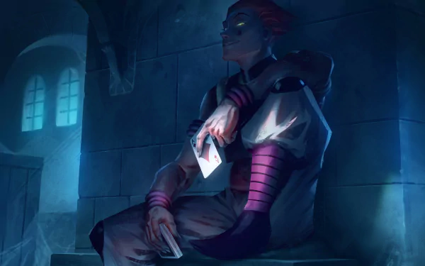 HD desktop wallpaper of Hisoka from Hunter × Hunter, seated in a dimly lit room holding a card, exuding a mysterious aura.