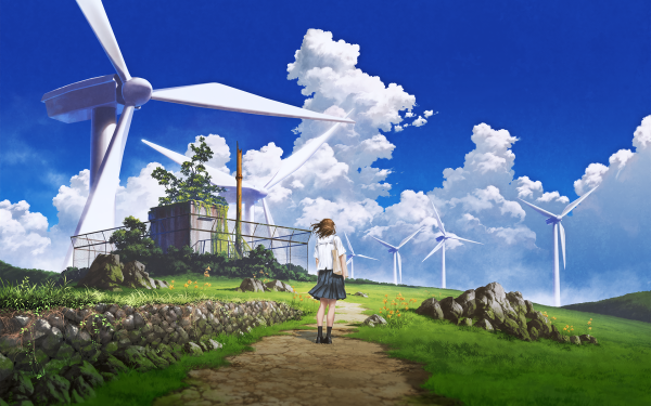 Anime Original Wind Turbine Uniform Sky HD Wallpaper | Background Image