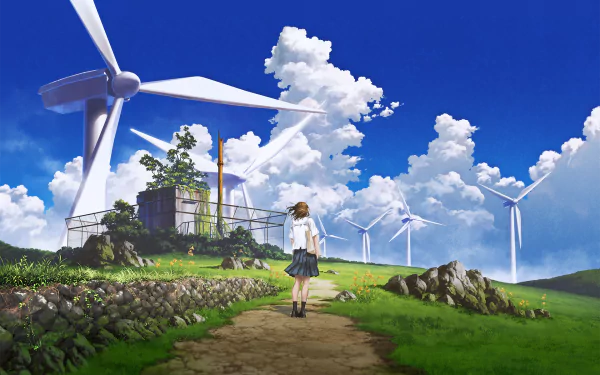 An anime-style image featuring a girl in a school uniform walking on a path with wind turbines and a vibrant blue sky filled with clouds in the background. HD desktop wallpaper and background.