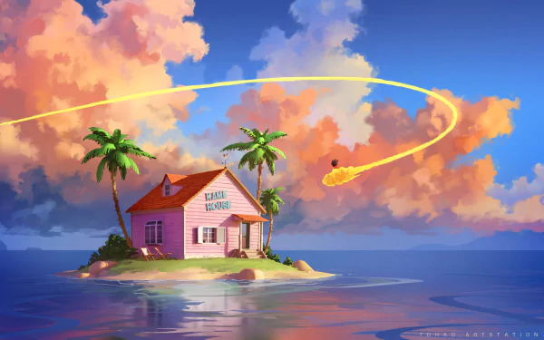 A vibrant HD wallpaper featuring the iconic Kame House from Dragon Ball on a small island, with Goku riding a cloud in the colorful sky. Perfect anime-themed background.
