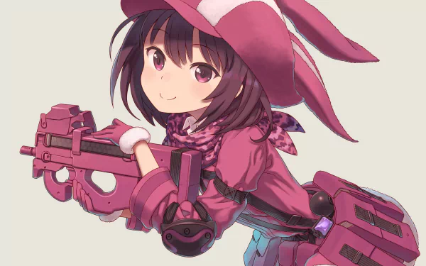 HD desktop wallpaper featuring Karen Kohiruimaki as LLENN from the anime Sword Art Online Alternative: Gun Gale Online, holding a pink firearm in dynamic pose.