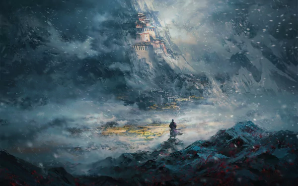 HD Anime wallpaper featuring a mesmerizing snowy mountain scene inspired by Tibetan Sea Flower. The image captures a majestic mountainscape with intricate details, conveying a sense of serene beauty.