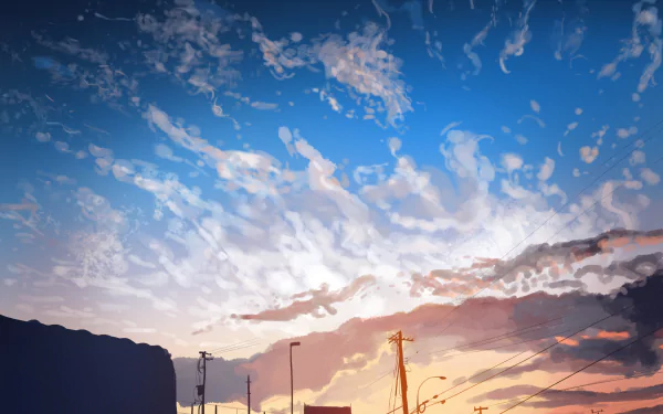 Anime-style HD PC desktop wallpaper: a vivid sunset sky with wispy clouds, warm light over silhouetted cliffs, power poles and wires — tranquil sky anime background.
