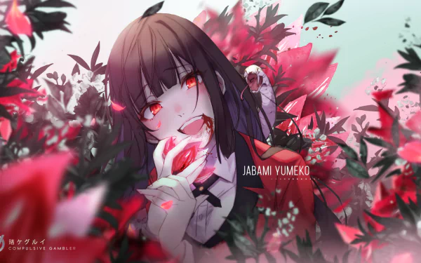 This HD desktop wallpaper features Yumeko Jabami from the anime Kakegurui, showcasing her amidst vibrant red and pink foliage, exuding an intense and captivating atmosphere.