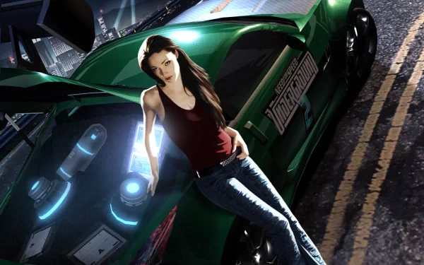 A high-definition wallpaper featuring a sleek green car from Need For Speed: Underground 2, with a stylish character leaning against it on a city street at night.